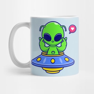 Cute Alien Riding UFO With Love Sign Cartoon Mug